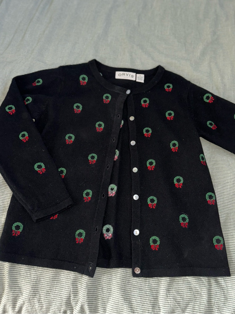 Orvis Black Cardigan with Green and Red Wreath Motif